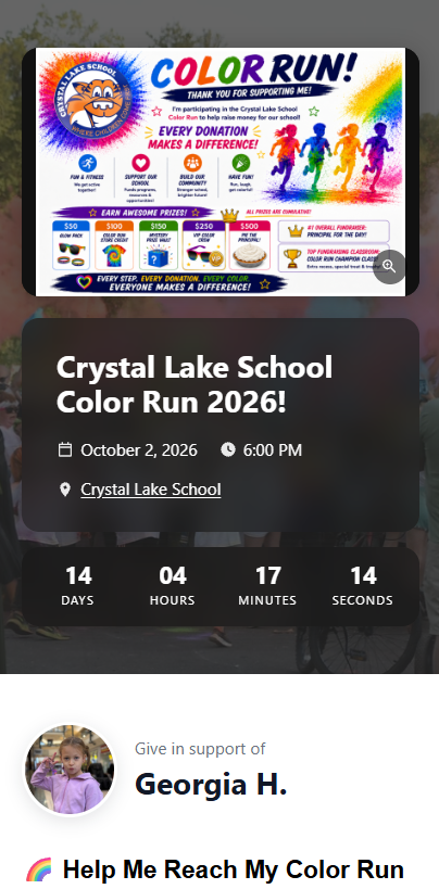 Crystal Lake School Color Run 2026 event header and countdown above a participant fundraising page