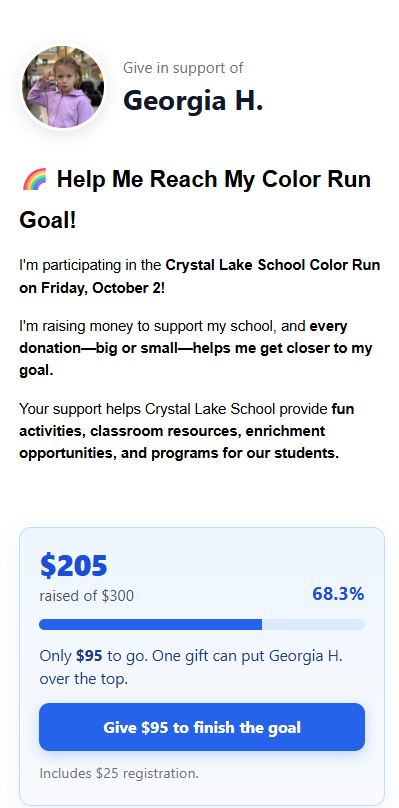 EventEase Give page for Georgia H. at the Crystal Lake School Color Run, showing $205 raised toward a $300 goal